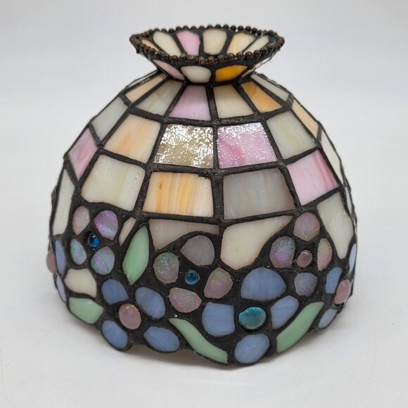 Stained Glass Mosaic Lamp Shade Multicolor Floral Pattern With Iridescent Accent - Picture 3 of 8